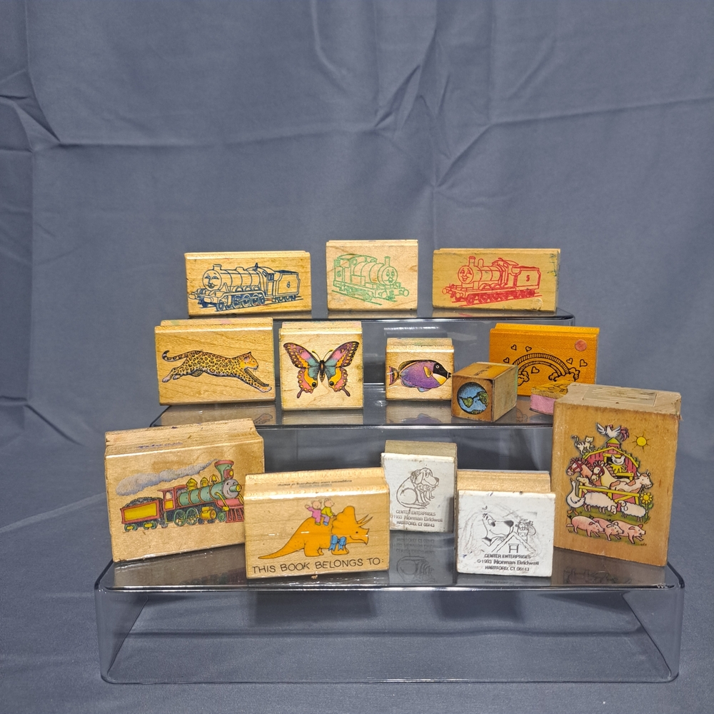 VTG Lot Of 14 Wooden Rubber Stamps Thomas Train Wildlife Animals Kids Clifford - Picture 1 of 6